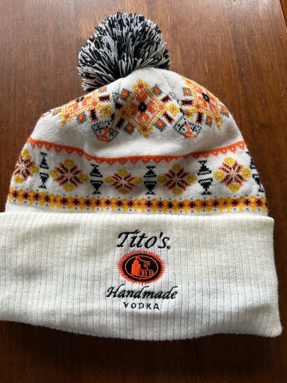 Unisex Titos Handmade Vodka Pom Pom hat  - White with Orange, black, yellow